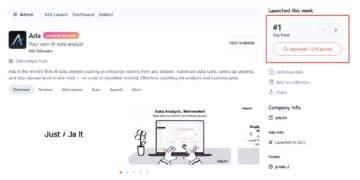 World’s First AI Data Analyst “Ada” Ranked #1 Product of the Day on Product Hunt