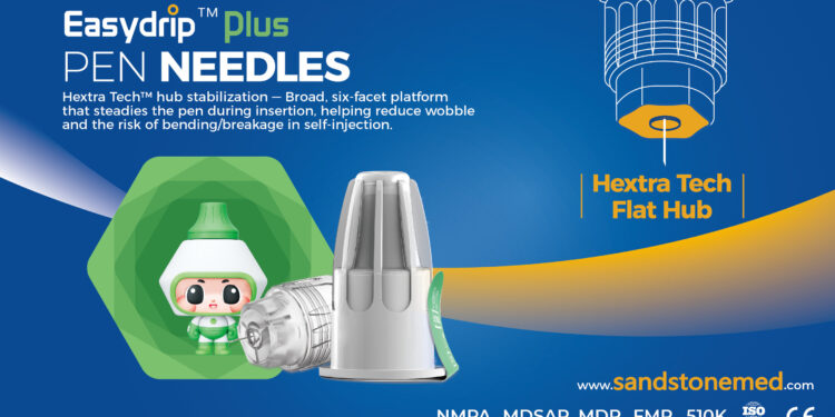 Sandstone Easydrip™ Plus with Hextra Tech™ Hexagonal Broad Hub Delivers Steadier, More Comfortable Insulin Injections