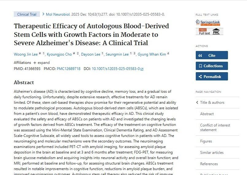 Miracell Demonstrates Cognition Impairment and Brain Function Improvement in Severe Alzheimer’s Patients Using ‘SMART M-CELL’-Based CD34+ Cell-Rich Autologous Blood Concentrate Therapy